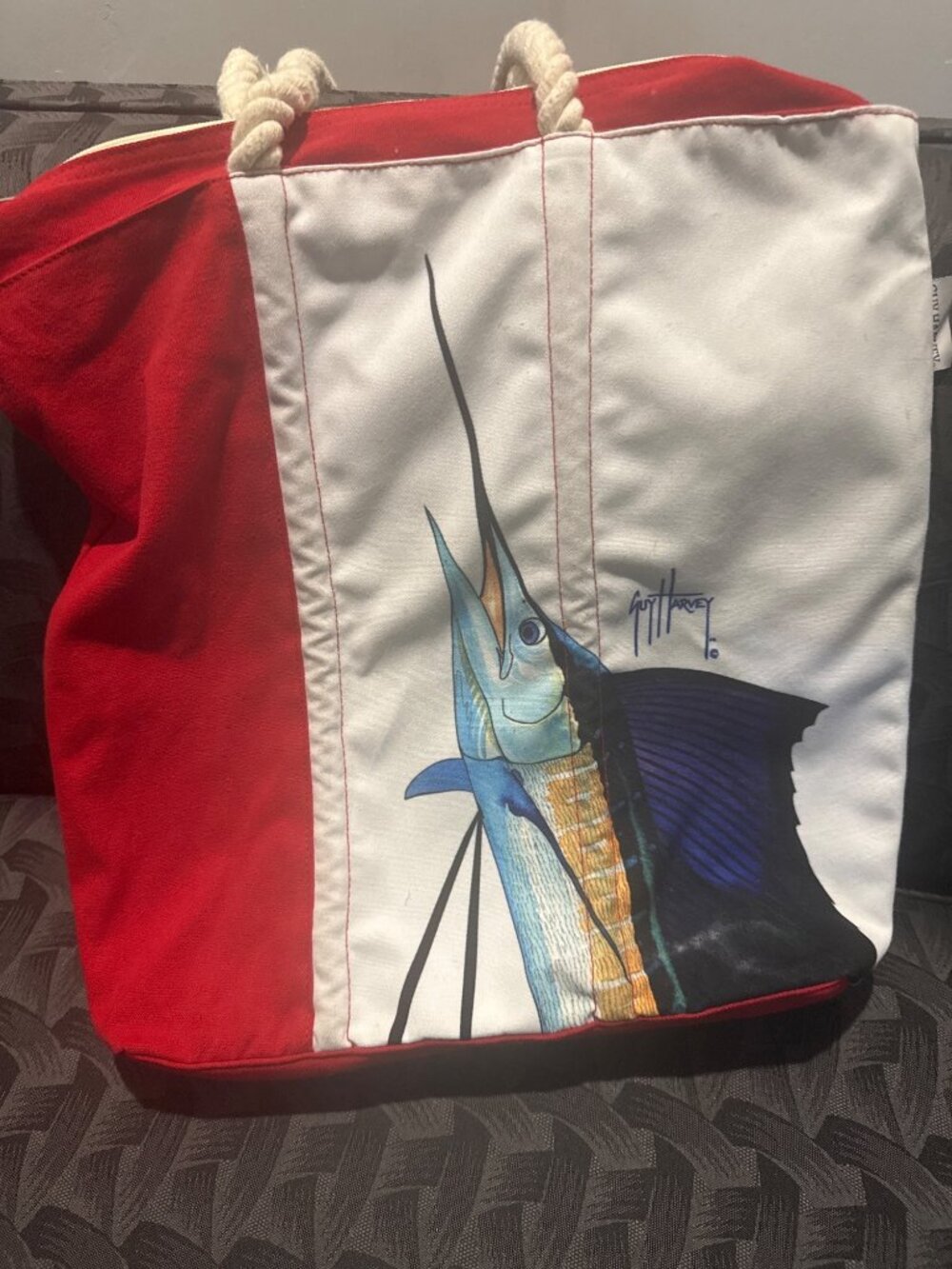 Guy Harvey Marlin Sailfish Canvas Tote Bag Rope Handles Yacht Nautical Ocean